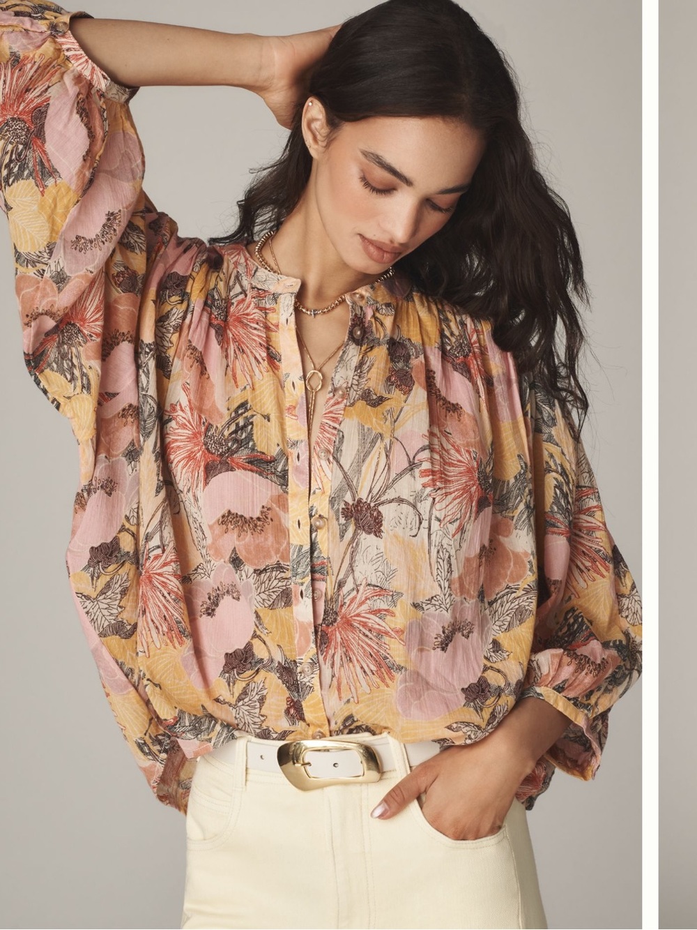 Pilcro Pink & Yellow Floral Button-Front Blouse